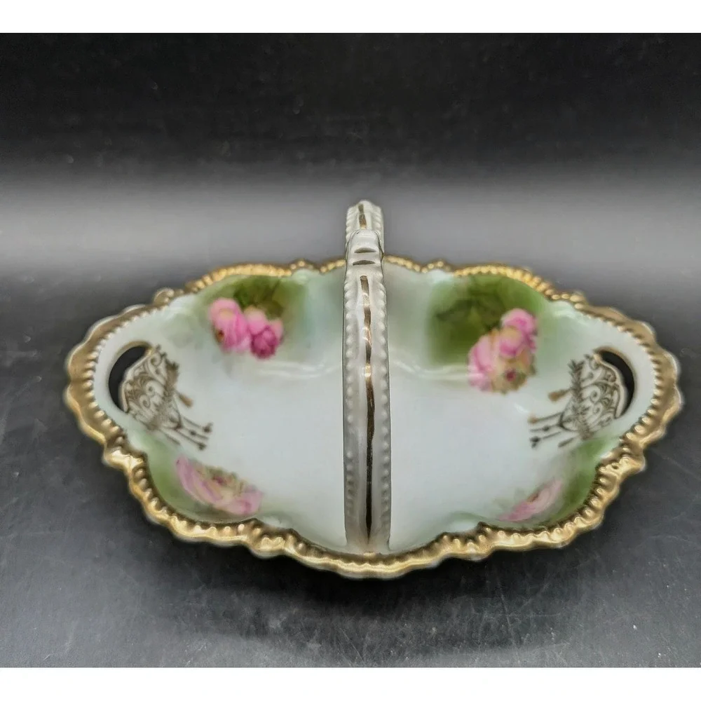 Antique Schwarzburg German Porcelain Rose Basket Divided‎ Candy Dish Gold Gilt